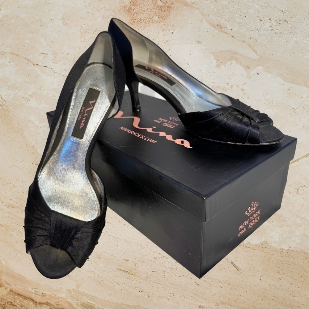 🎀 Vintage Nina Black Satin Peep-Toe Heels w/ Bow + Box & Bag (1999)